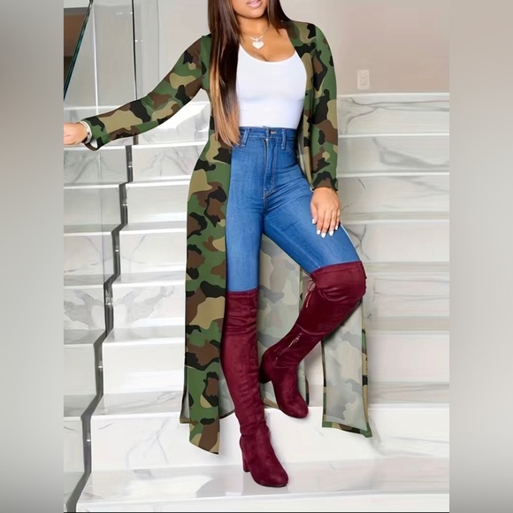 Plus Size Casual Camo Long Sleeve Split Hem Maxi Cardigan XL-5XL - Picture 2 of 7